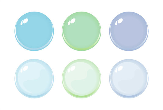 Illustration of icon bottons isolated on white. Set of light green, blue, violet color labels, 6 bottons. Multi-colored glass balls. Vector