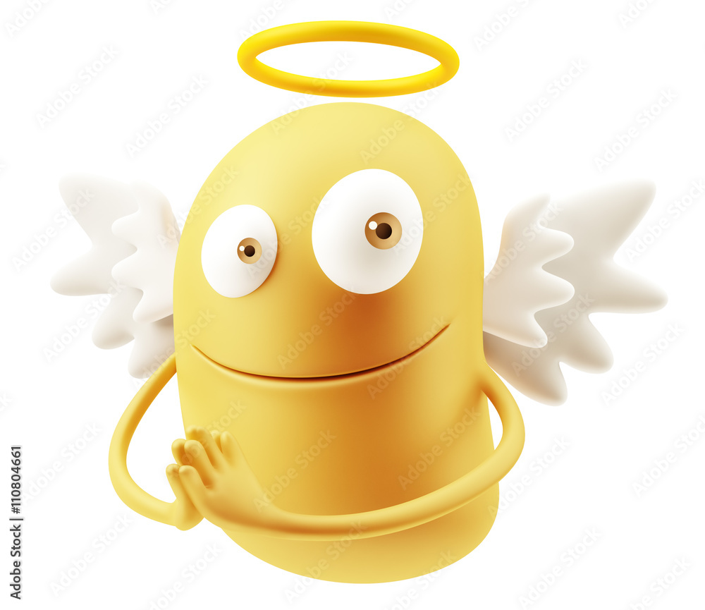 Poster angel emoticon character face expression. 3d rendering.