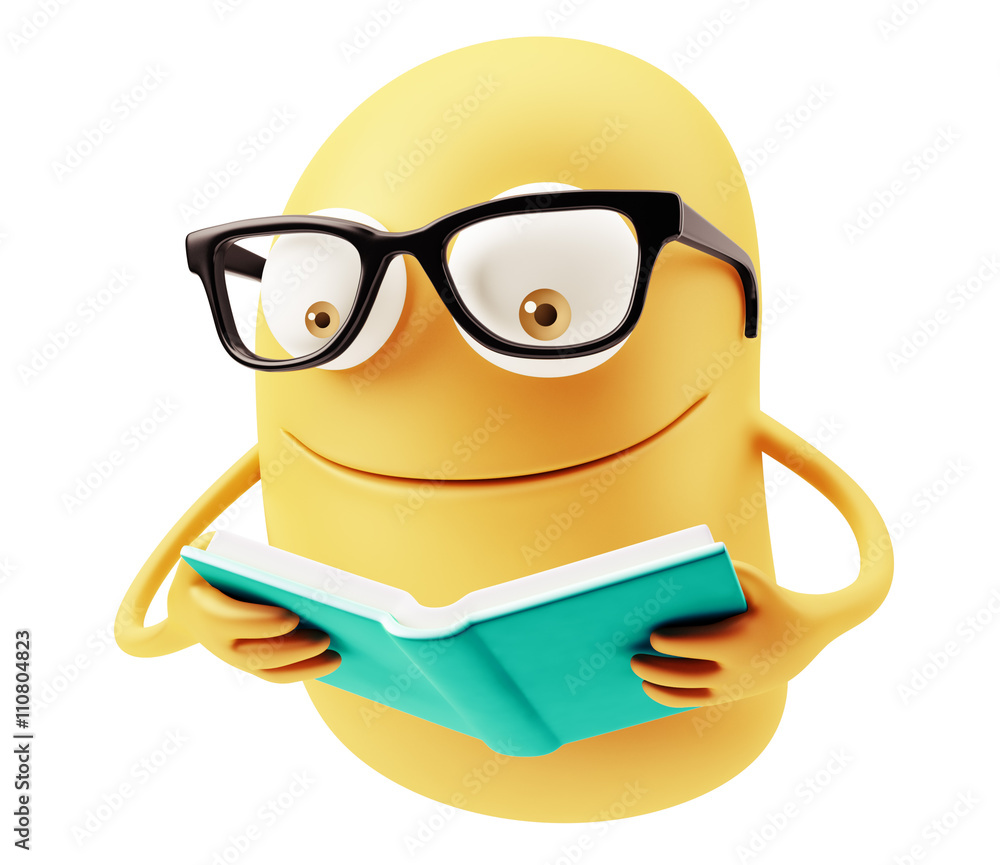 Poster studying emoticon character face expression. 3d rendering.