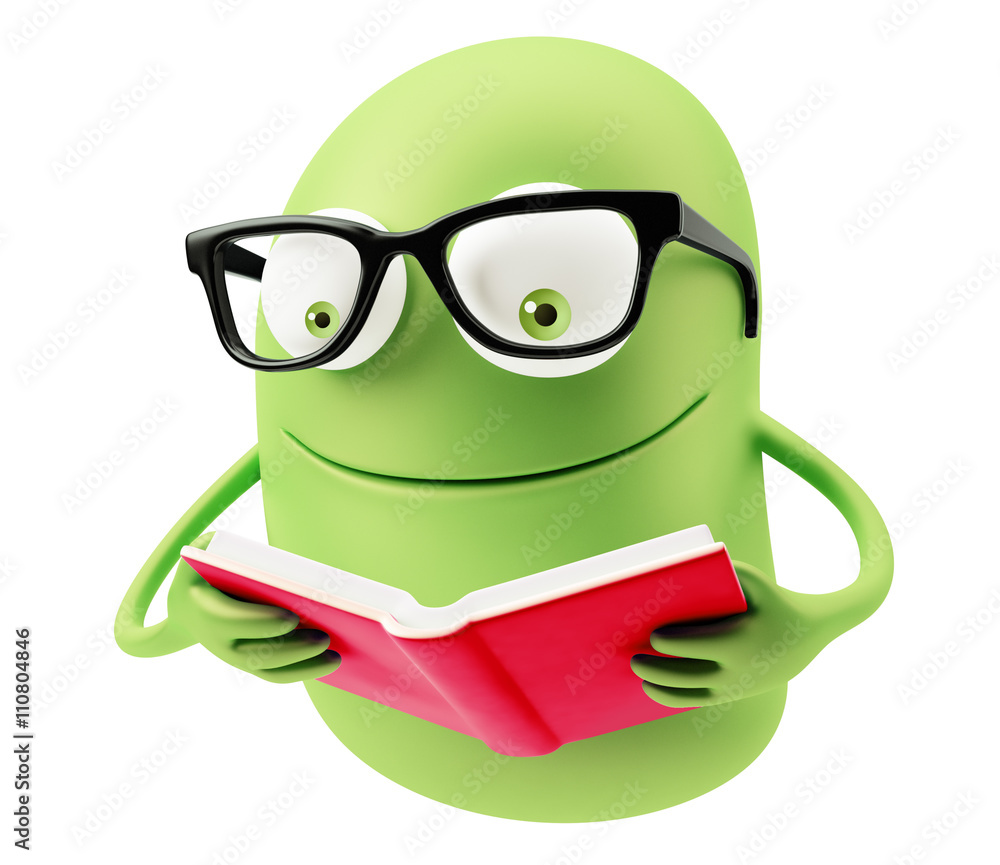 Poster reading book emoticon face. 3d rendering.