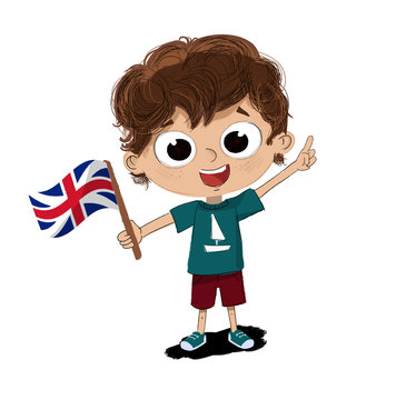 Dibujo de ni&ntilde;o con una bandera de Inglaterra en la mano. Curso de ingl&eacute;s o curso de idiomas.