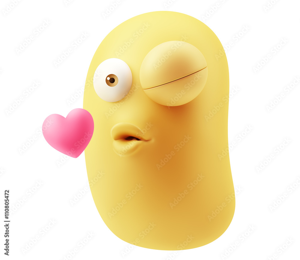 Poster kissing emoticon character face expression. 3d rendering.