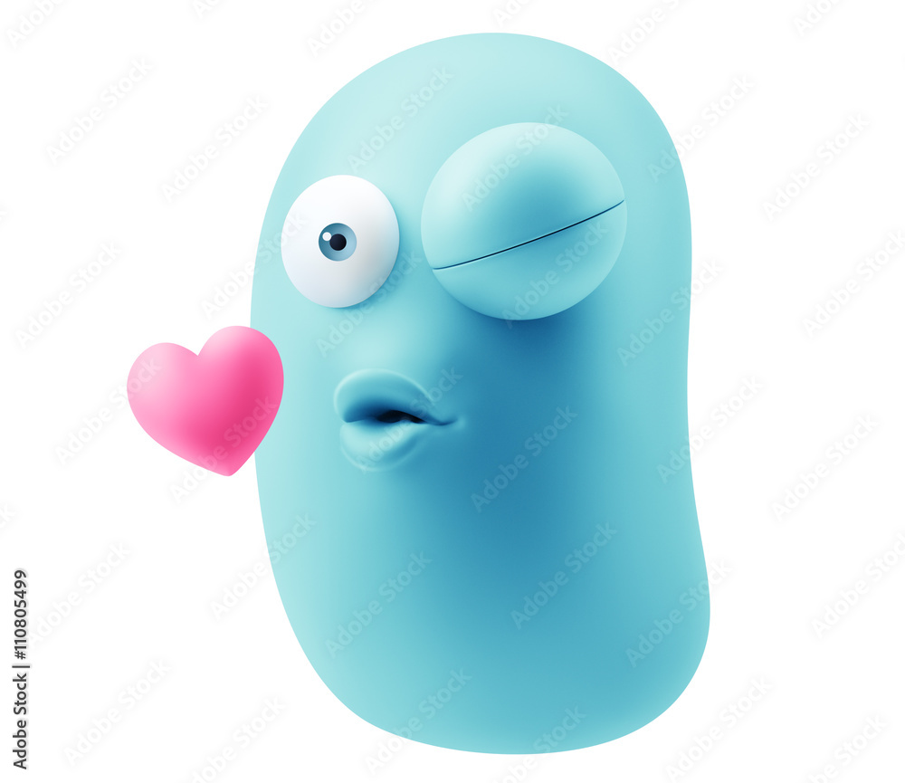 Poster kissing emoticon character face expression. 3d rendering.