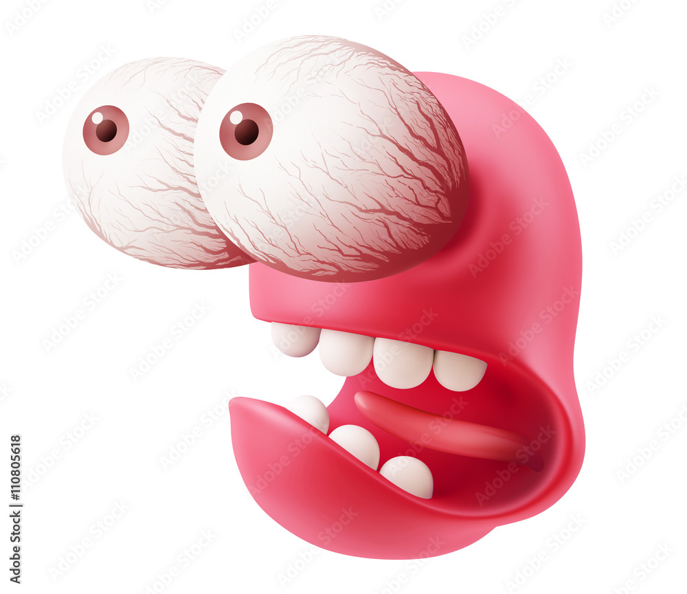 Poster shocked emoticon character face expression. 3d rendering.