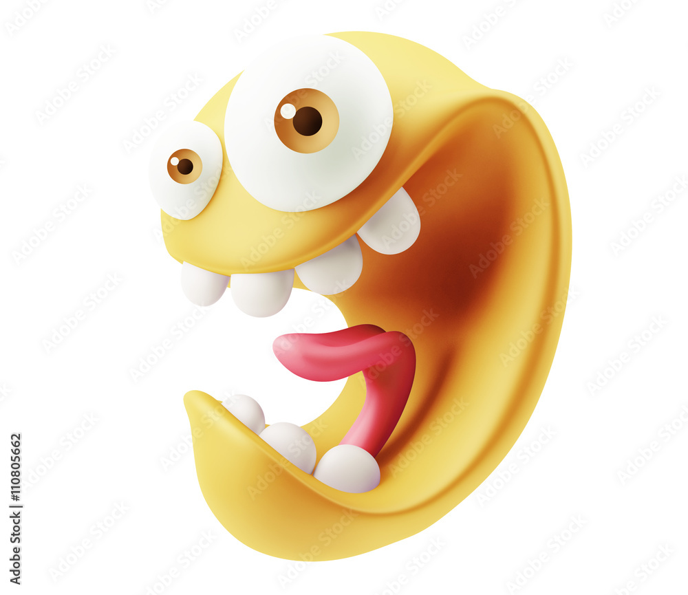 Poster crazy emoticon character face expression. 3d rendering.