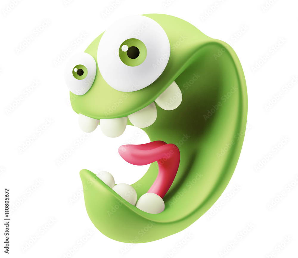 Poster crazy emoticon character face expression. 3d rendering.