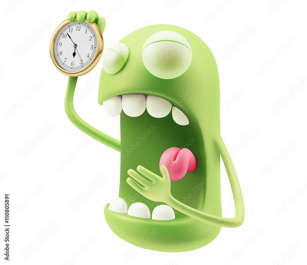 Poster alarm clock waking up emoji cartoon. 3d rendering.