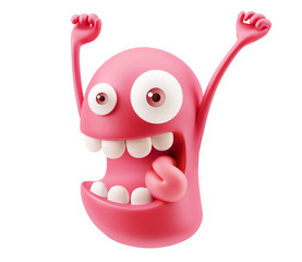 Funny Happy Emoticon Face Raising Hands 3d Rendering.