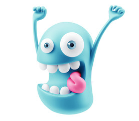 Funny Happy Emoticon Face Raising Hands 3d Rendering.