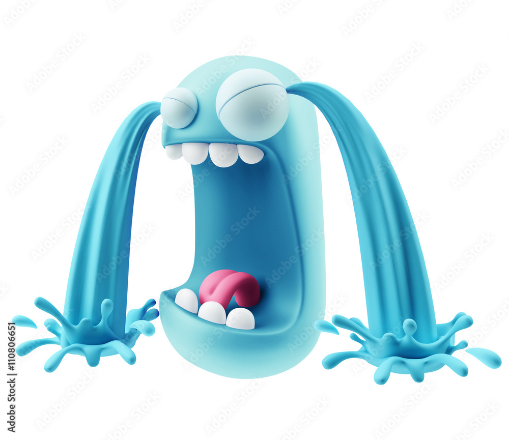 Poster crying emoticon character face expression. 3d rendering.