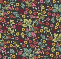Vector spring, summer colorful floral seamless pattern on black background