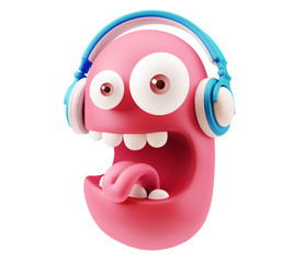 Emoticon Face Listening Music with Headphones. 3d Rendering.
