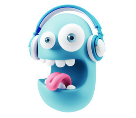 Emoticon Face Listening Music with Headphones. 3d Rendering.
