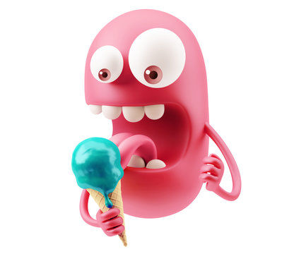 Eat Ice-Cream Emoticon Character Face Expression. 3d Rendering.