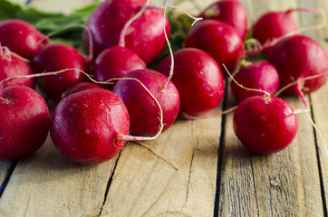 the root crops of radishes on a wooden table