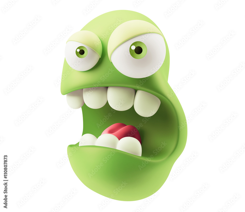 Poster mad emoticon character face expression. 3d rendering.