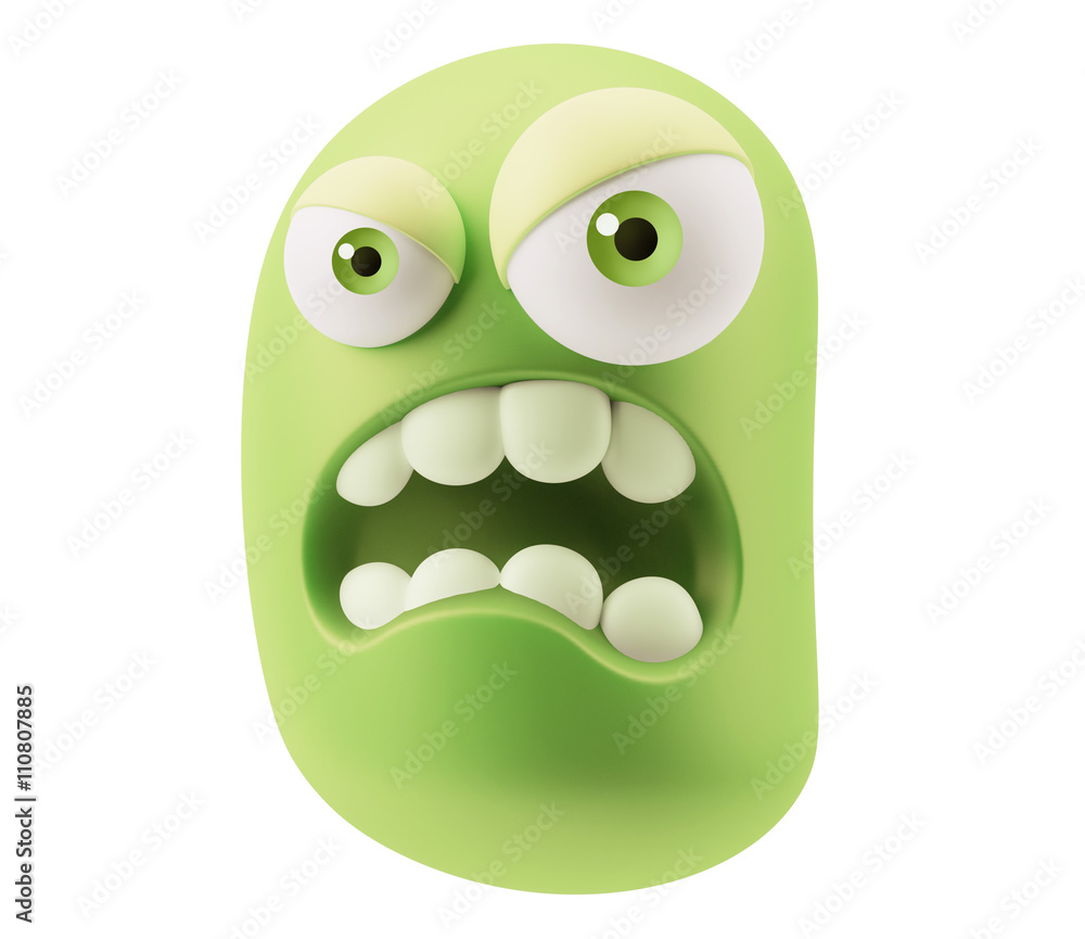 Poster mad emoticon character face expression. 3d rendering.