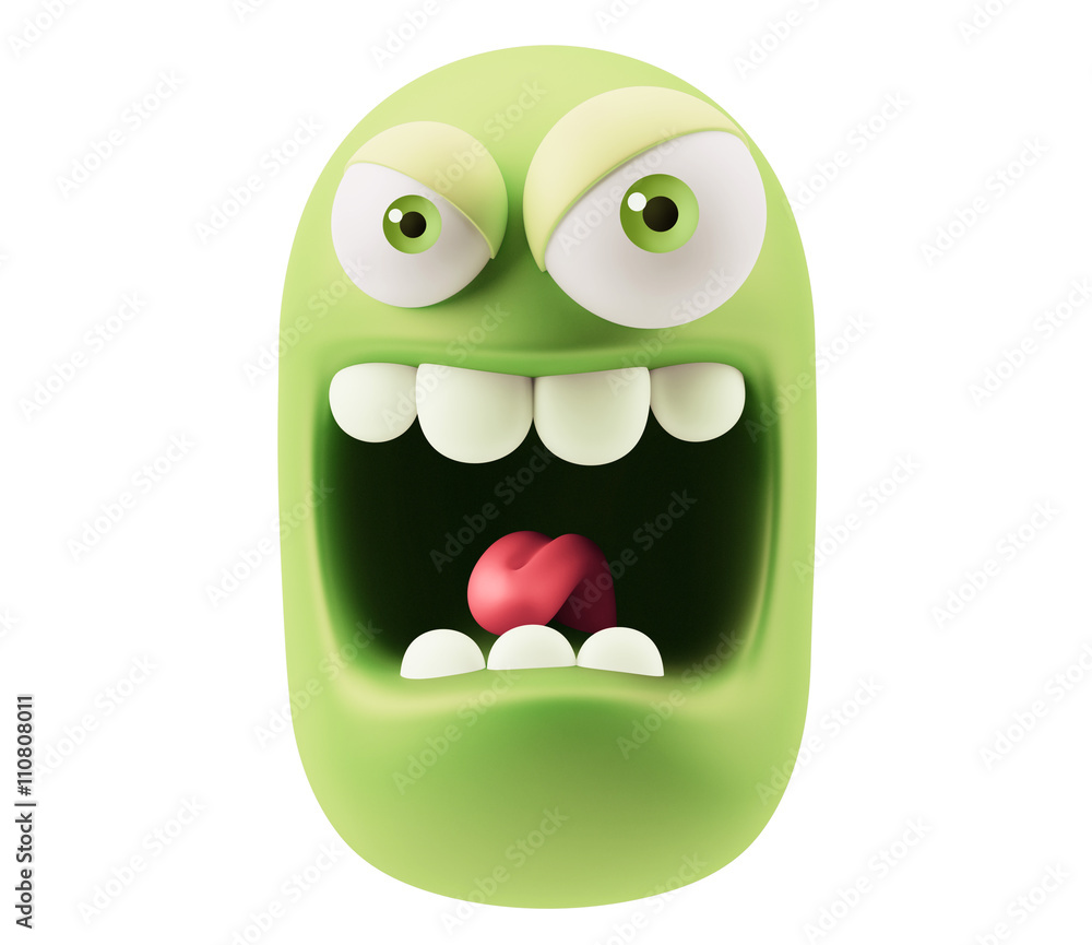 Poster mad emoticon character face expression. 3d rendering.