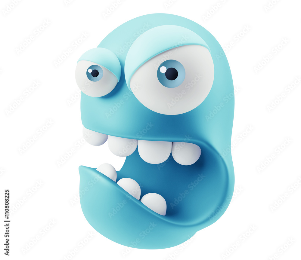 Poster mad emoticon character face expression. 3d rendering.