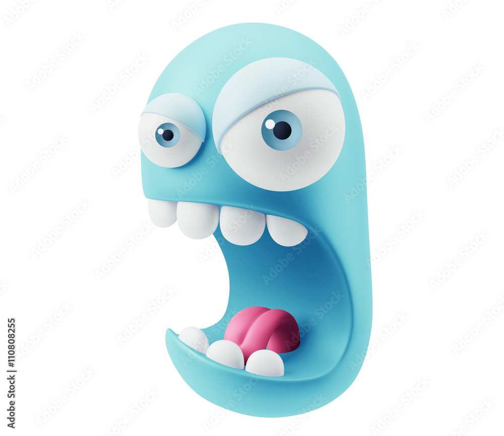 Poster mad emoticon character face expression. 3d rendering.