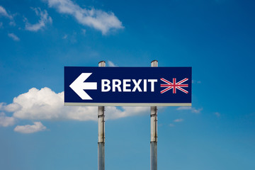 a road signs EU and BREXIT and a blue sky