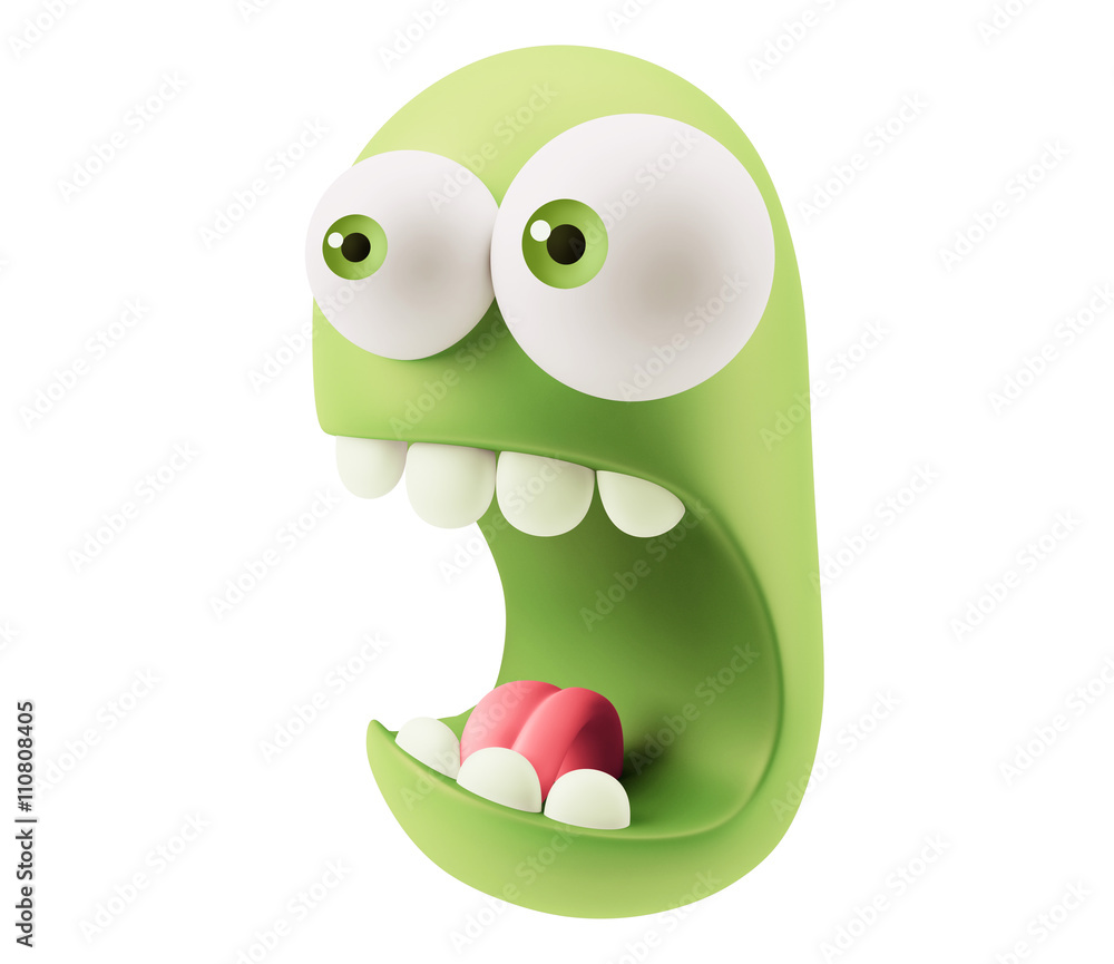 Poster shocked emoticon character face expression. 3d rendering.
