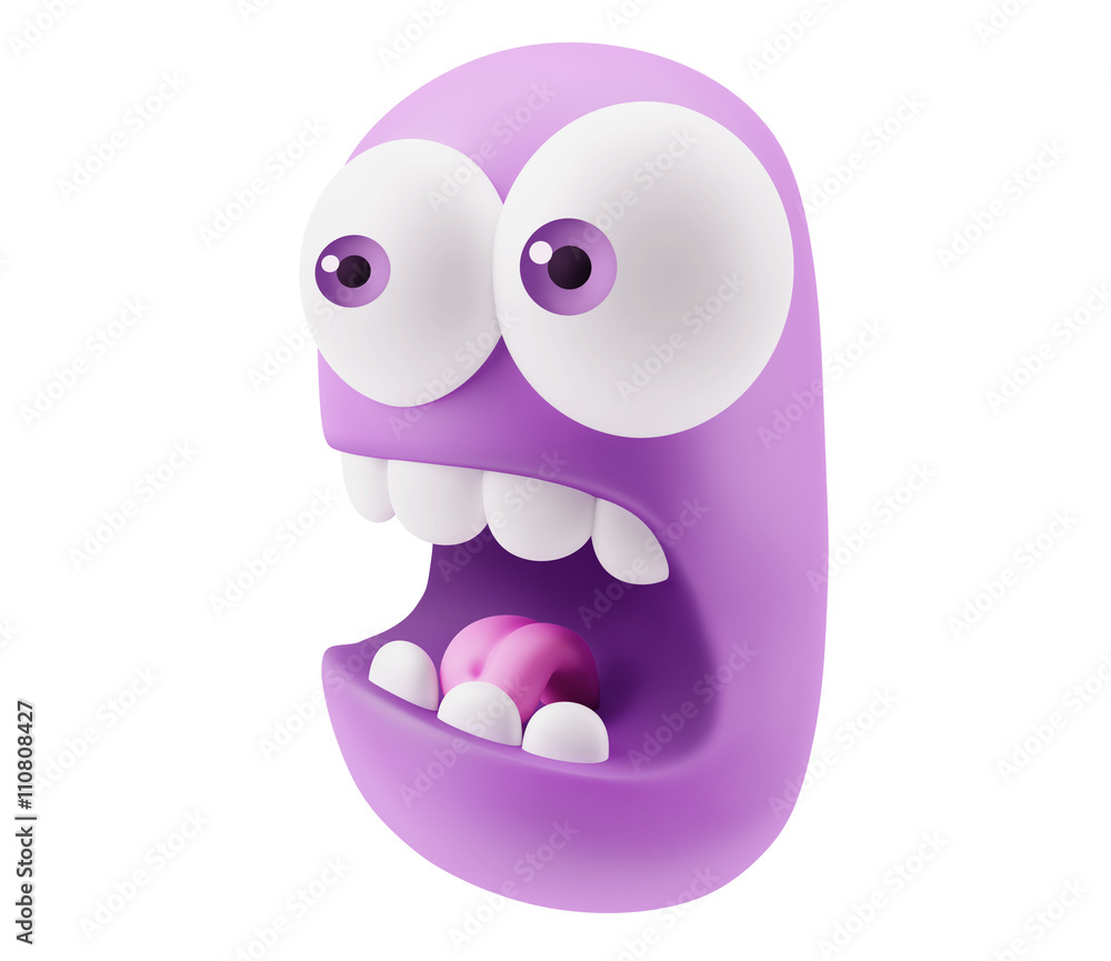 Poster shocked emoticon character face expression. 3d rendering.