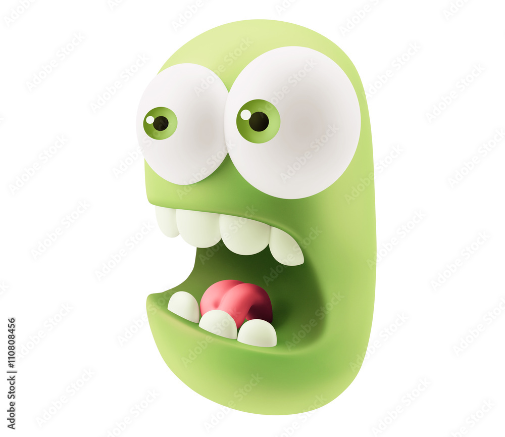 Poster shocked emoticon character face expression. 3d rendering.