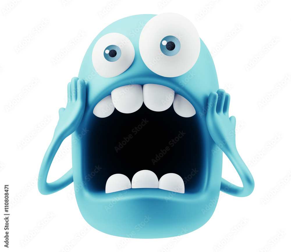 Poster shocked emoticon character face expression. 3d rendering.