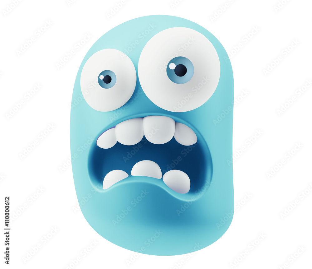 Poster shocked emoticon character face expression. 3d rendering.