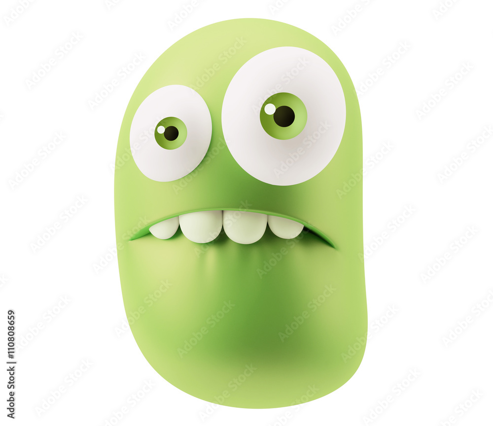 Poster shocked emoticon character face expression. 3d rendering.