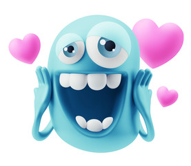 Emoji in love with hearts shapes. 3d Rendering.