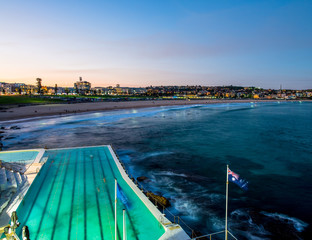 View of Bondi Beach in Sydney from Bondi Icebergs Pool.