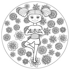 Adult coloring book page young girl in tree yoga pose with whimsical line art on background. Vector illustration.