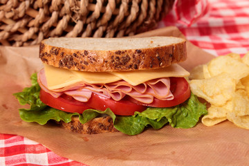 Picnic basket ham and cheese sandwich close up