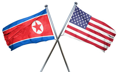 North Korea flag with american flag, isolated on white backgroun