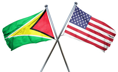 Guyana flag with american flag, isolated on white background