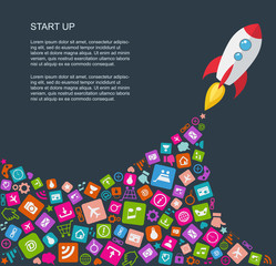 Flat illustration of hand holding phone with with spaceship. Sta