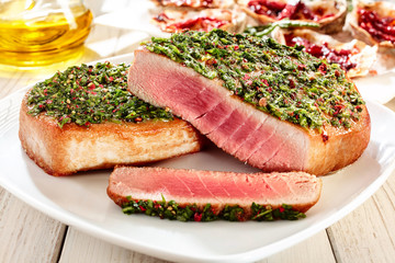 Seared Tuna Steaks Topped with Fresh Pesto
