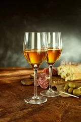 Fotobehang Glasses of Wine, Cured Meat and Olives on Table © exclusive-design