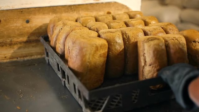 Putting baked bread in the tray