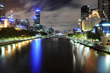 View of skyline and Yarra River in Melbourne CBD at night