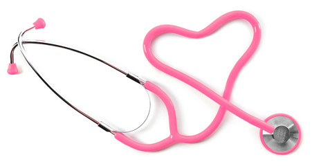 Pink shape heart stethoscope isolated on white