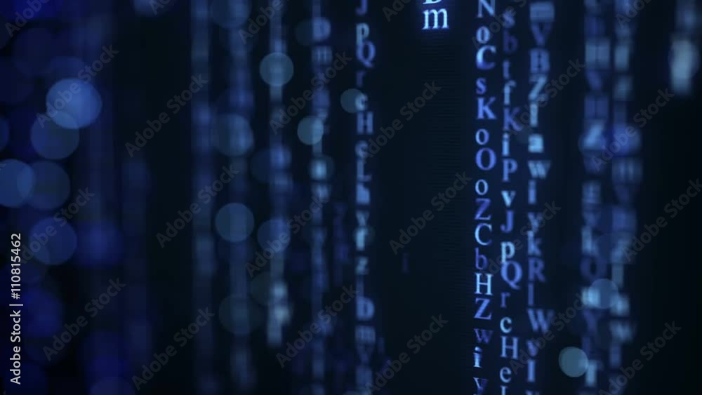 Poster blue alphabet matrix rain on screen. seamless loop animation. shallow dof. 4k uhd (3840x2160)