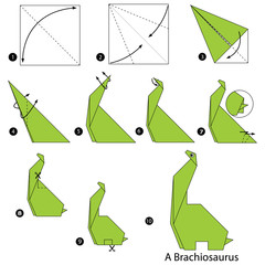 Step by step instructions how to make origami A Dinosaur. - obrazy, fototapety, plakaty
