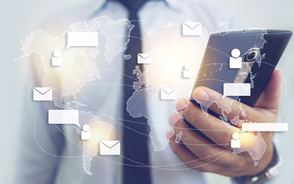 Email Network and Technology - Man Holding Smartphone Background