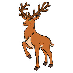 Cartoon wild animals for kids. Cure deer with great horns stands and smiles.