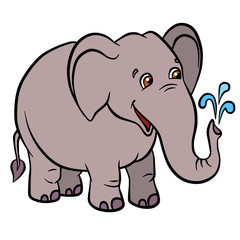 Cartoon wild animals for kids. Little cute elephant lets water fountain from the trunk. He smiles.