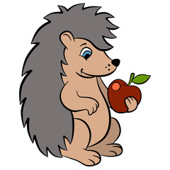 Cartoon wild animals for kids. Little cute hedgehog holds an apple in the hand and smiles. He is happy.