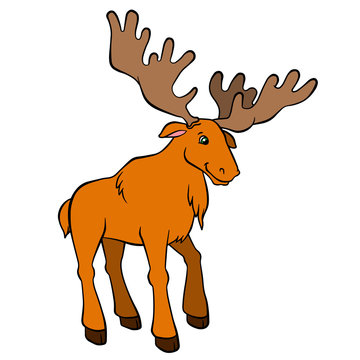 Cartoon wild animals for kids. Cute elk with huge horns stands and smiles. He is happy.